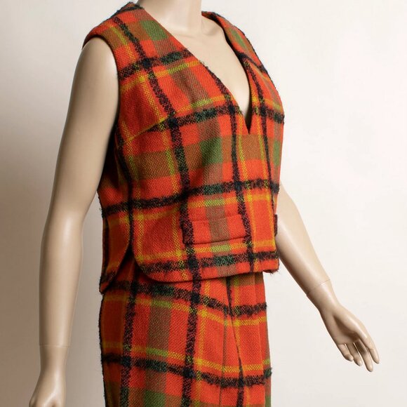 Vintage 1960s Plaid Skirt & Jacket Coat Set Vest Orange Green Vogue Paris 60s - Picture 9 of 11